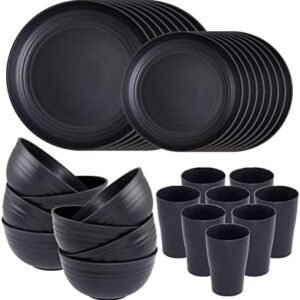 Supernal Wheat Straw Dinnerware Sets,Unbreakable Dinner Plates for 8,Microwave Dishwasher Safe,Reusable Dinnerware,Black Set 16pcs Plates, 8pcs Bowls, 8pcs Cups.