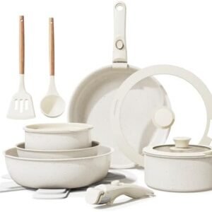 Ceramic Nonstick Cookware Set, Healthy,Non Toxic,17-Pieces Pots and Pans Set Removable Handles,Induction RV Kitchen Set,Stain & Scratch-resistant,Dishwasher/Oven Safe,PFAS/PFOA Free,Cream White