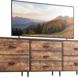 Huuger Dresser for Bedroom, 63 Inch TV Stand for 55, 65, 70 Inch TV, Long Fabric Dresser with 7 Drawers, Chest of Drawers for Storage, Closet, Clothing, Rustic Brown